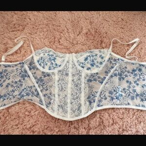 SHEIN White and Blue Floral Mesh Top